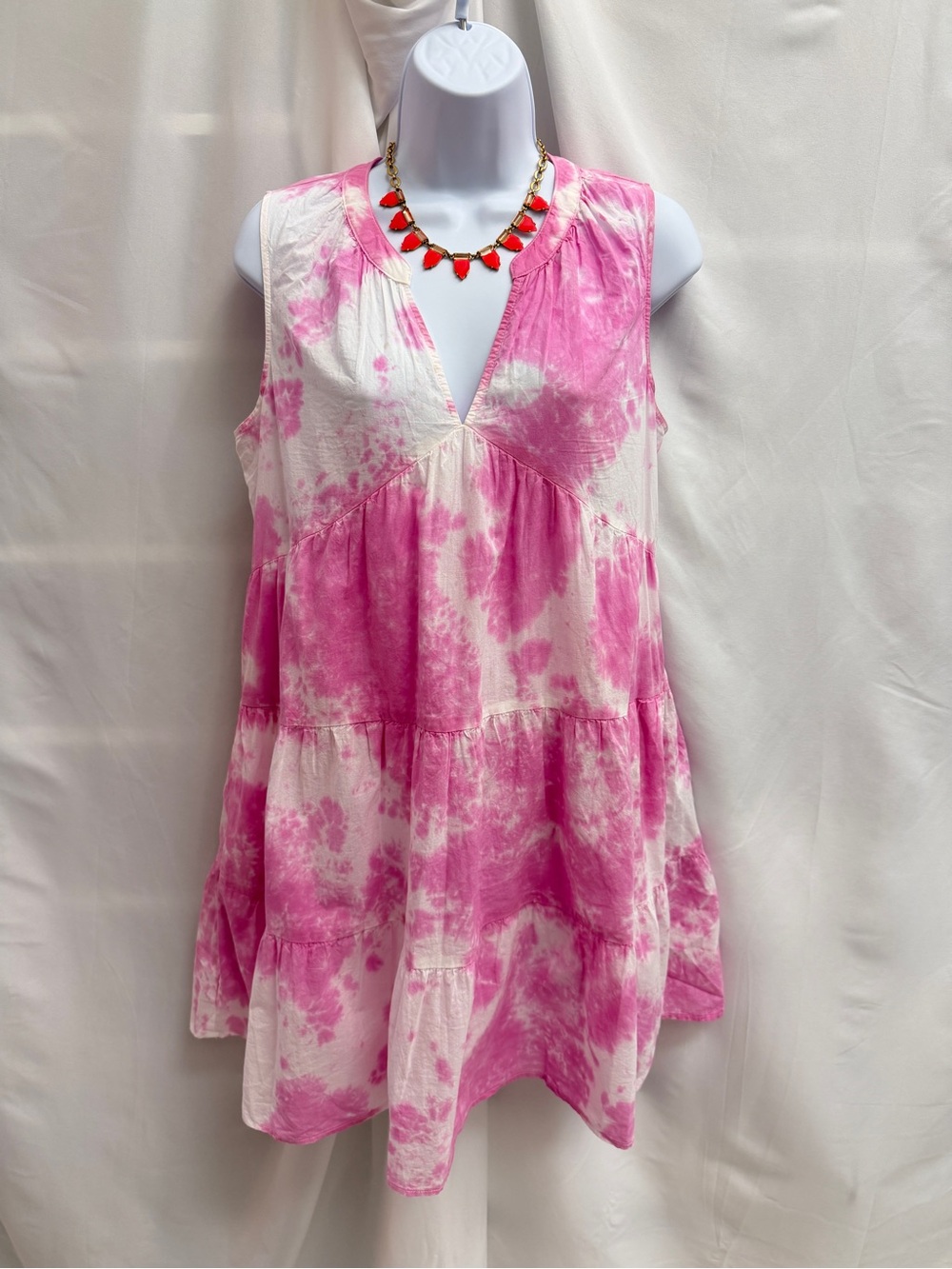 DKNY Jeans Pink White Tie Dye Tiered Sleeveless Babydoll Sundress